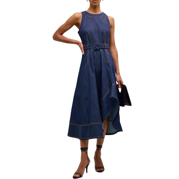 Cinq a Sept Zelda Belted Asymmetric Sleeveless Denim Midi Dress Size M NEW - Picture 4 of 12